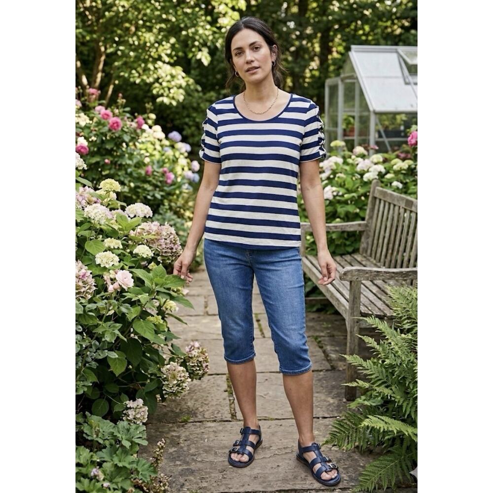 Boutique Style Nautical Navy Cream Striped Top Gold Sleeve Clips Coastal L